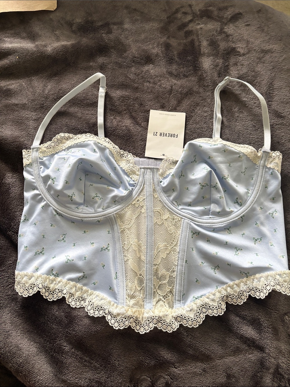 Forever 21 Light Blue Floral Lace Longline Bustier Top